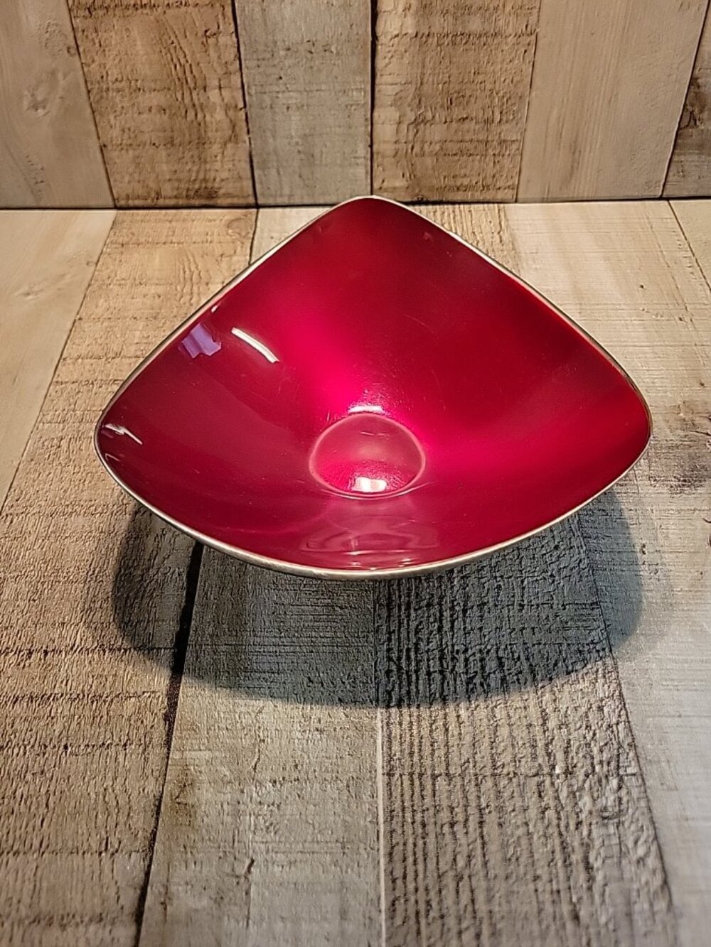 Vintage Reed & Barton MCM Silverplate RED Enamel Tri-Corner Dish Mid-Century